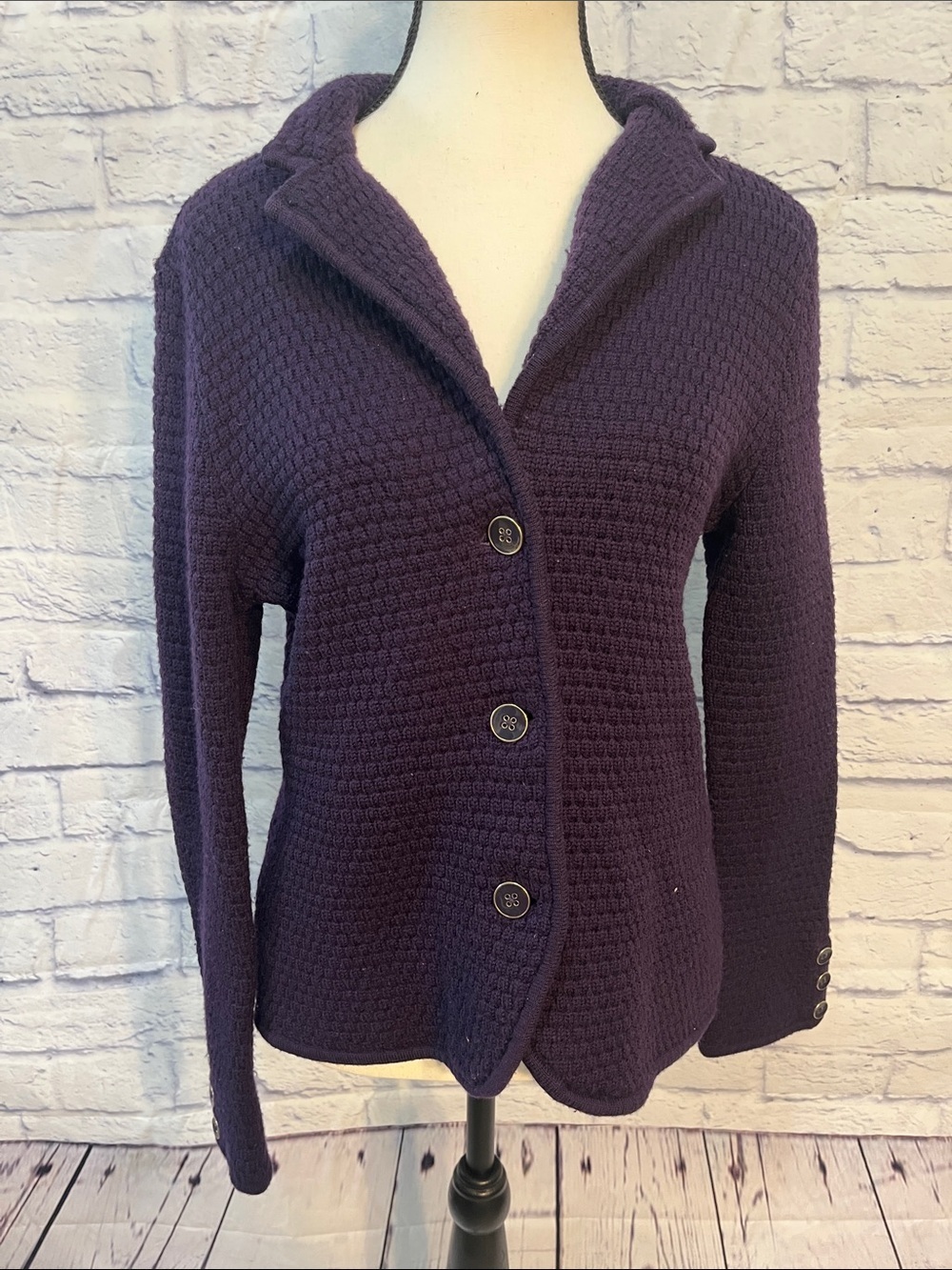 Talbots Merino Wool Sweater Jacket Tile Knit Pattern Size Large Petite Purple